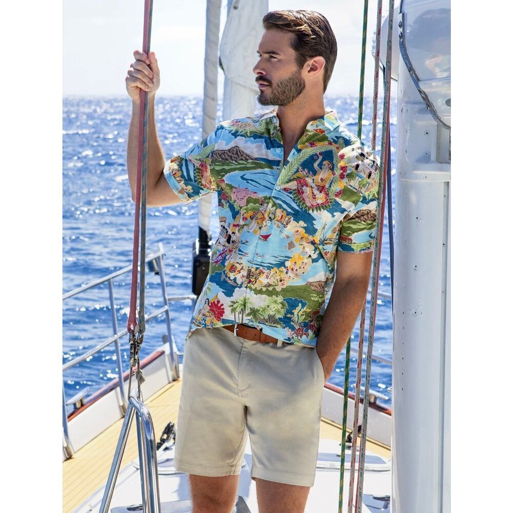 Tori Richard Men’s XL Boat Day Aloha Hawaiian Shirt Lagoon Short Sleeve